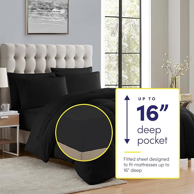 Full Size Comforter Set with Sheets - 7-Piece Bedding Collection - 1 Comforter, 1 Fitted Sheet, 1 Flat, 4 Pillowcases - Deep Pocket - Soft & Breathable Premium Quality - Ideal for All Seasons, Black