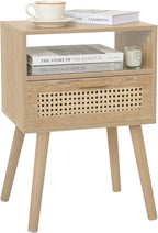 MaxSmeo Rattan Nightstand with Drawer, Mid Century Modern Wood Bedside Table for Living Room, Bedroom and Small Spaces (Rustic Walnut)