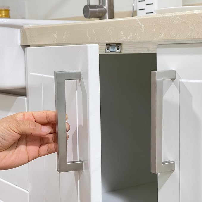Cabinet Pulls Brushed Nickel Cabinet Handles Square Drawer Pulls, 10 Pack 15 Inch Stainless Steel Kitchen Door Cupboard Cabinet Handles, Cabinet Hardware Drawer Handles, 384mm Hole Centers