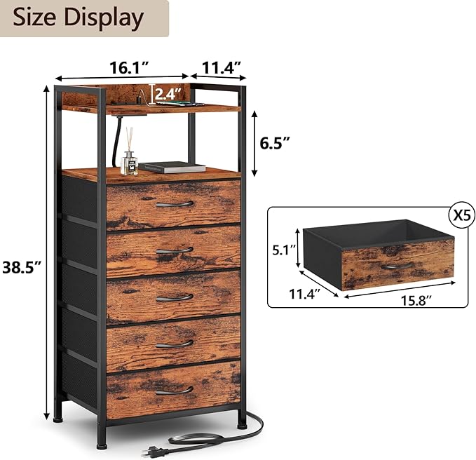 Furnulem 5 Drawer Dresser for Bedroom, Tall Nightstand with Led Light and Charging Station, Small Night Stand Bedside Table, Fabric Bins, Metal Frame, Wood Shelf, Side Furniture(Rustic Brown)