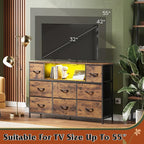 WLIVE TV Stand for 45, 50, 55 inch TV, Entertainment Center with LED Lights & Charging Station, TV Media Console Table with 8 Fabric Drawers and Open Shelves for Living Room, Hallway, Rustic Brown
