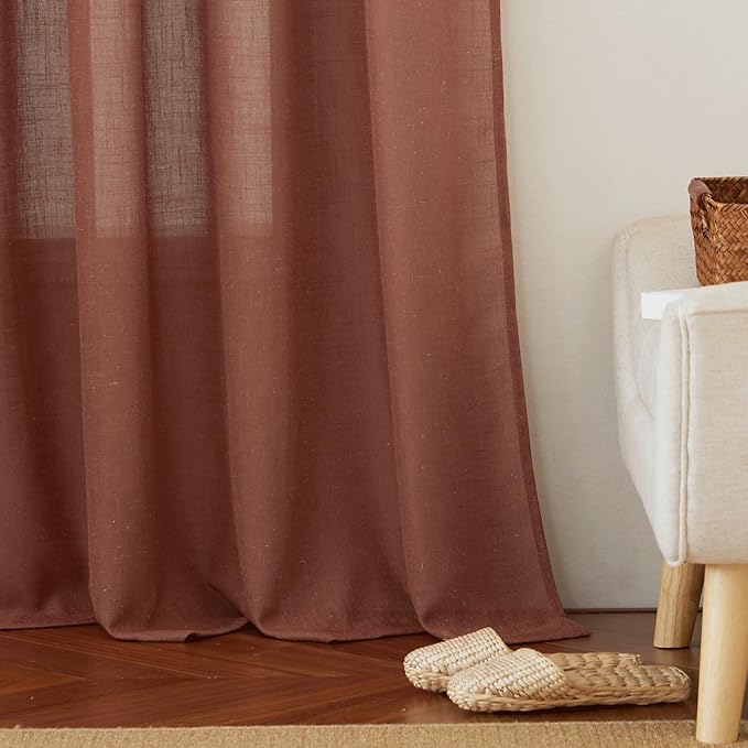RYB HOME Flax Linen Blend Curtains 90 inches Long for Living Room Bedroom, Light Filtering Semi Translucent Window Treatments for Home Office, W 52 x L 102 inches, Terracotta, 2 Panels