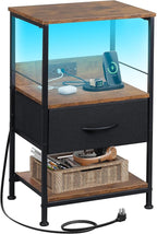 WLIVE LED Night Stand, Nightstand with Charging Station, Small Bed Side Table with Fabric Drawer and Open Shelves, Tall End Table with USB Ports & Outlets, Black and Rustic Brown
