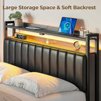 Rolanstar Headboard for Queen Size Bed with Storage, 60,000 DIY Color of LED Light, Head Board with USB, Type C Port, Height Adjustable, Black Upholstered Cabeceras de Cama Comfortable Modern, Leather