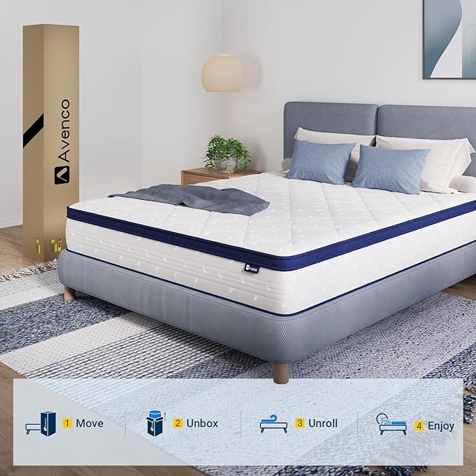 Avenco Full Size Mattress, 12 Inch Full Mattresses in a Box, Hybrid Mattresses with Comfort Foam and Pocket Coils for Pressure Relief, Motion Isolation