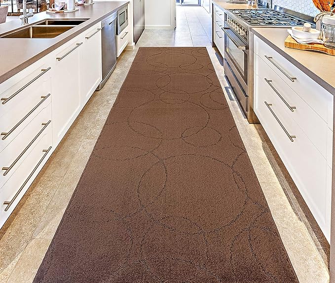 Custom Size Modern Geometric Pattern Carpet Runner Rug for Hallways, Slip Resistant Latex Rubber Backed, 31 inch Wide X Customized Length, Circles Brown, 31 inch X 18 feet