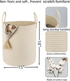 Cotton Rope Laundry Basket Hamper for Clothes Woven Storage Basket for Living Room Bedroom Boho Tall Rope Baskets for Blanket Toys Pillow Towels Baby Nursery Hamper Bin beige