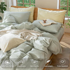 MooMee Bedding Duvet Cover Set 100% Washed Cotton Linen Like Textured Breathable Durable Soft Comfy (Heathered Sage Green, Twin 68"x90")