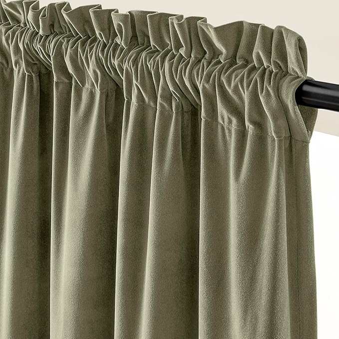 Lazzzy Velvet Blackout Curtains Green 90 Inch Long Thermal Insulated Curtain Heavy Duty Drapes Room Darkening Blackout Curtains Bedroom Window Treatment Set of 2 Panels Rod Pocket Sage