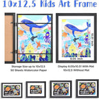 KINLINK 10x12.5 Kids Art Frames Set of 2, Solid Wood Kids Artwork Frames Changeable with Acrylic Front Opening Holds 150 Pictures, Art Frame for Kids Artwork with Mat or without Mat, Black Wood