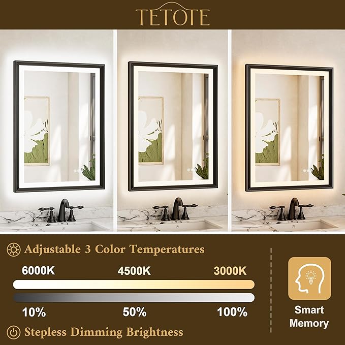 TETOTE 48x36 LED Bathroom Mirror with Lights Black Frame Frontlit & Backlit Lighted Vanity Mirror Baroque Gothic Anti Fog Dimmable White/Warm/Natural,CRI90+,Waterproof,(Horizontal/Vertical)