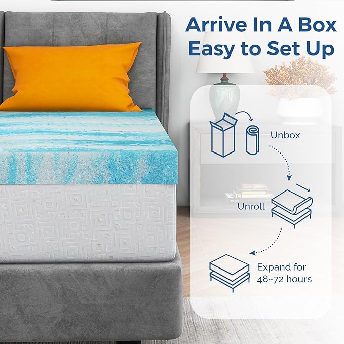 Mattress Topper Queen, 3 Inch Gel Memory Foam Bed Topper for Queen Size Bed, CertiPUR-US Certified, Blue