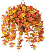 Artificial Fake Fall Hanging Flowers Baskets for Outdoor Decoration, Faux Silk Hibiscus Long Vines in Planter Realistic Flower Plants for Outside Home Porch Patio Garden (Fall YellowOrange)