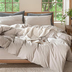MooMee Bedding Duvet Cover Set 100% Washed Cotton Linen Like Textured Breathable Durable Soft Comfy (Solid Light Tan, King 104"x90")