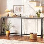 SUPERJARE 70 Inch Console Table with Outlets and USB-C Port, Extra Long Behind Couch Sofa Table with X-Shaped Design, Narrow for Entryway, Living Room, Metal Frame, Wooden Top, Grey