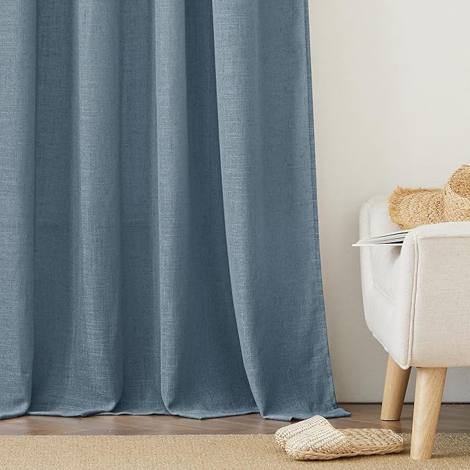 RYB HOME Semi Sheer Linen Curtains - Natural Vertical Boho Style Semi Transparent Privacy Drapes for Bedroom Dining Room Home Office Large Window, W 100 x L 90 inches, Stone Blue, 1 Panel