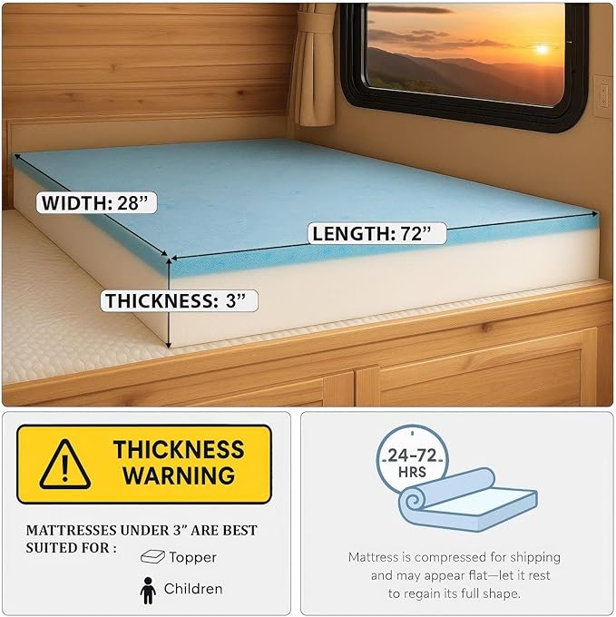 Foamma 3” x 28” x 72” Camper/RV Travel Gel Memory Foam Bunk Foam Mattress Replacement, Made in USA, Comfortable, Travel Trailer, CertiPUR-US Certified, Cover Not Included