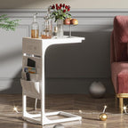 TUTOTAK C Shaped End Table with Charging Station, Side Table for Sofa, Couch Table with Storage Bag, TV Tray Table with 2 USB Ports and Outlets for Living Room, Bedroom, White TB01BW024