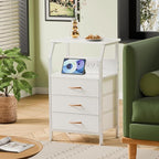 Furnulem Night Stand with Charging Station, 28.3 Inch Tall Bedside Table with PVC Drawers, End Table with USB Ports and Outlets, 3 Fabric Drawer Storage Nightstand for Bedroom, 3 Ways to Use, White