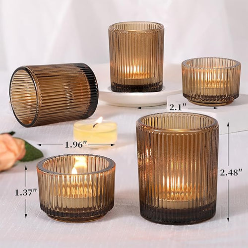 10pcs Ribbed Amber Votive Candle Holders, Assorted Glass Tea Light Candle Holders for Fall Decor, Amber Candle Holders for Wedding Centerpieces, Thankgiving and Christmas Decorations