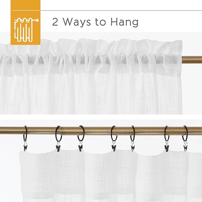 RYB HOME White Curtains 84 inches Long Linen Textured Semi Sheer Curtains Privacy Light Glare Filtering Window Drapes for Living Room Dining Bedroom, White, W 34 x L 84 inches, 2 Panels