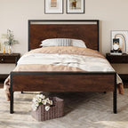 SHA CERLIN 14 Inch Twin Size Metal Platform Bed Frame with Wooden Headboard and Footboard, Mattress Foundation, No Box Spring Needed, Large Under Bed Storage, Heavy Duty Slats Support, Mahogany