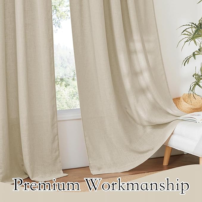 RYB HOME Semi Sheer Curtains - Linen Textured Fabric Privacy Sheer Light Filtering Window Decor for Bedroom Kitchen Bath Kids Nursery, Beige, Wide 52 x Long 45 inch, Set of 2