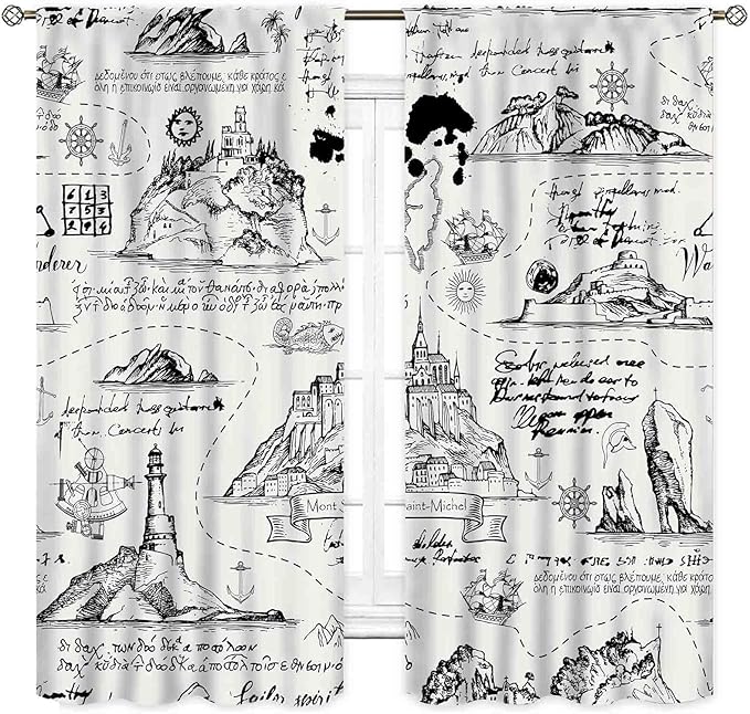 Vintage Nautical Curtains, Marine Coastal Sailboat Compass Anchor Ocean Beach Old Pirate Map Retro Window Drapery Treatments for Bedroom Living Room Kitchen Bathroom 2 Panels, 63"x63" Inch