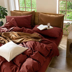 MooMee Bedding Duvet Cover Set 100% Washed Cotton Linen Like Textured Breathable Durable Soft Comfy (Solid Fired Brick Red, Cal King 104"x98")