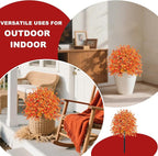 2 Pack Artificial Boxwood Topiary Ball Trees with Fall Flowers & Ground Spikes for Outdoor, UV Resistant Artificial Shrubs Faux Plants Fake Bushes Look Real for Garden Porch Yard Patio