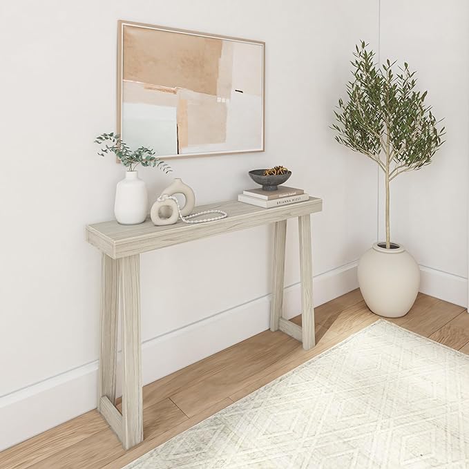 Plank+Beam Solid Wood Console Table, 46 Inch, Sofa Table, Narrow Entryway Table for Hallway, Behind The Couch, Living Room, Foyer, Easy Assembly, White Sand