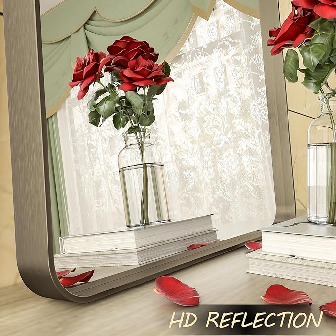 16x24 Bronze Bathroom Mirror, Rounded Rectangle Bronze Frame Mirror, Brushed Bronze Bathroom Vanity Mirror Wall-Mounted, Anti-Rust, Hangs Horizontally or Vertically