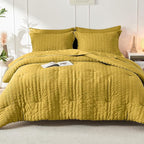 HYMOKEGE Mustard Yellow California King Comforter Set Seersucker 7 Pieces, All Season Luxury Bed in a Bag for Bedroom, Bedding Set with Comforter, Sheets, Pillowcases & Shams