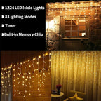 Toodour Christmas Icicle Lights Outdoor, 1224 LED 100ft 8 Modes Fairy Icicle String Light with 204 Drops, Led Christmas Lights Twinkle for Holiday, Party, Wedding, Eaves, Xmas Decorations (Warm White)