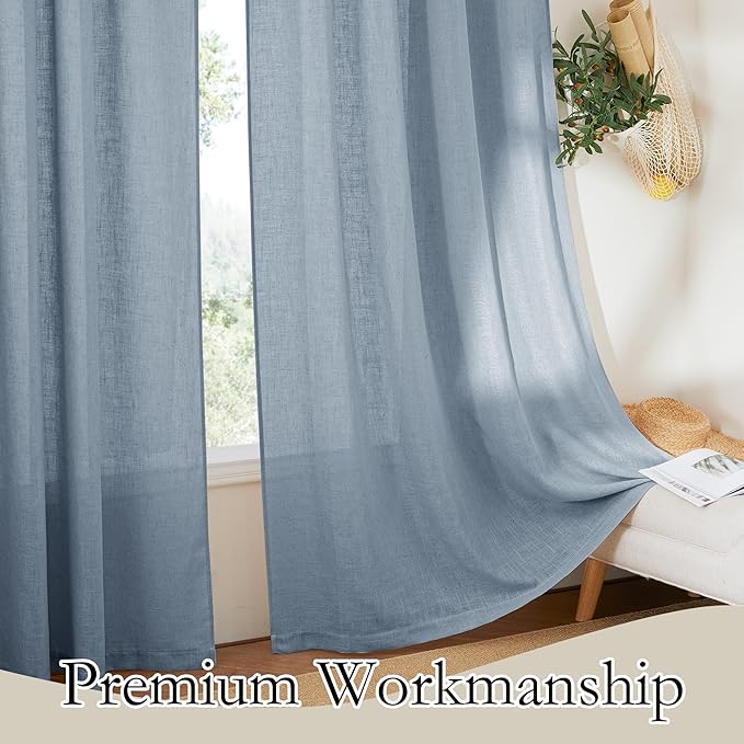 RYB HOME Flax Linen Blend Curtains 102 inches Long for Living Room, Semi Translucent Privacy Protection Light Filtering Decorative Drapes for Bedroom, W 52 x L 102 inches, Dusty Blue, 2 Panels