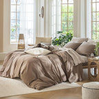 MooMee Bedding Duvet Cover Set 100% Washed Cotton Linen Like Textured Breathable Durable Soft Comfy (Solid Brown, King 104"x90")