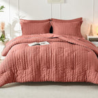 HYMOKEGE Coral Twin XL Comforter Set Seersucker 5 Pieces, All Season Luxury Bed in a Bag for Bedroom, Bedding Set with Comforter, Sheets, Pillowcase & Sham
