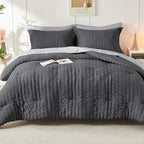 HYMOKEGE Dark Grey/Light Grey Full Size Comforter Sets Seersucker 7 Pieces, All Season Luxury Bed in a Bag for Bedroom, Bedding Set with Comforter, Sheets, Pillowcases & Shams