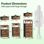 Furnulem 5 Drawers Dresser with Charging Station, Tall Night Stand with Storage Shelf, Fabric Chest of Drawers, Bedside Table for Closet, Entryway, Bedroom Furniture, 3 Ways to Use, Rustic Brown