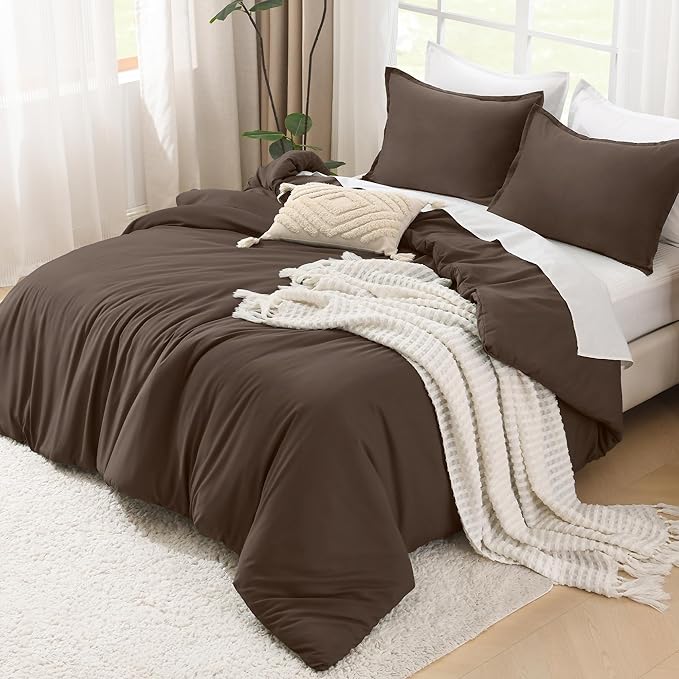 Litanika Comforters Queen Size Chocolate, 3 Pieces Lightweight Solid Bedding Set & Collections, All Season Fluffy Bed Set (90x90 Inches Comforter & 2 Pillowcases)