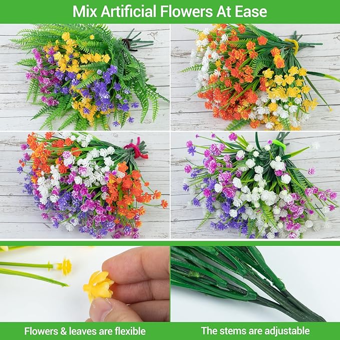 Ouddy Decor 24 Bundles Artificial Flowers for Outdoors UV Resistant Fake Plastic Plants Faux Boston Fern Greenery Stems for Spring Summer Indoor Garden Patio Window Box Kitchen Home Decor, Mixedcolor