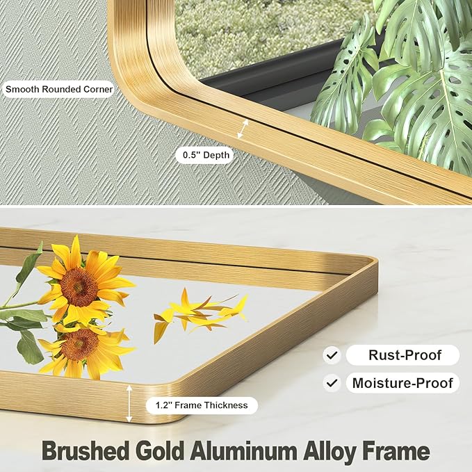 30x36 Gold Framed Bathroom Mirror, Brushed Gold Metal Vanity Mirror, Gold Rectangle Mirror for Wall, Rounded Corner, Tempered Glass, Anti-Rust, Shatterproof, Hangs Horizontally or Vertically