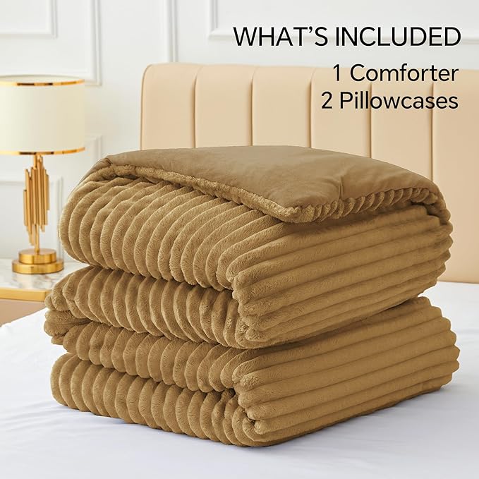 BEDELITE Fleece Queen Comforter Set -Super Soft & Warm Fluffy Brown Bedding, Luxury Fuzzy Heavy Bed Set for Winter with 2 Pillow Cases