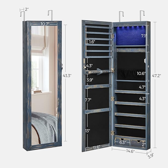 SONGMICS 6 LEDs Mirror Jewelry Cabinet, 47.2-Inch Tall Lockable Wall or Door Mounted Jewelry Armoire Organizer with Mirror, 2 Drawers, Christmas Gift, 3.9 x 14.6 x 47.2 Inches, Rustic Blue