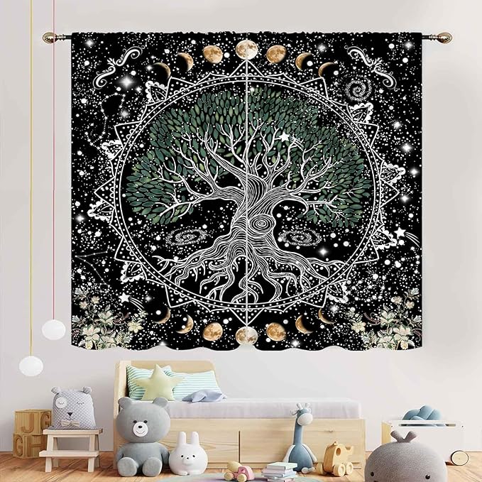 Life Tree Curtains, Hippie Sun Moon Trippy Tree of Life Bohemian Mandala Aesthetci Mystic Witchy Blackout Window Drapery Treatments for Bedroom Living Room Bathroom Decor, 42"x63" Inch