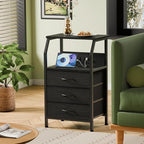 Furnulem Night Stand with Charging Station, 28.3 Inch Tall Side Table with Fabric Drawers and Storage Shelf, Bedside Table with USB Ports & Outlets, Nightstand for Bedroom, 3 Ways to Use, Black Oak