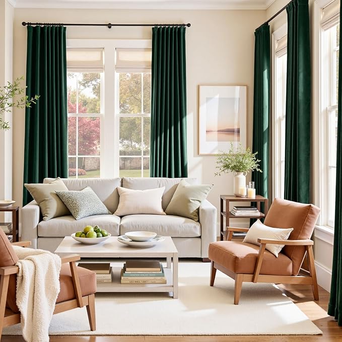Lazzzy Velvet Blackout Curtains Thermal Insulated Room Window Drapes Super Soft Luxury Curtains for Living Room Bedroom Rod Pocket 2 Panels, Emerald Green, 62" W x 108" L