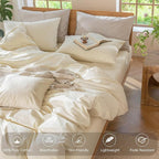 MooMee Bedding Duvet Cover Set 100% Washed Cotton Linen Like Textured Breathable Durable Soft Comfy (Solid Cream White, Queen 90"x90")