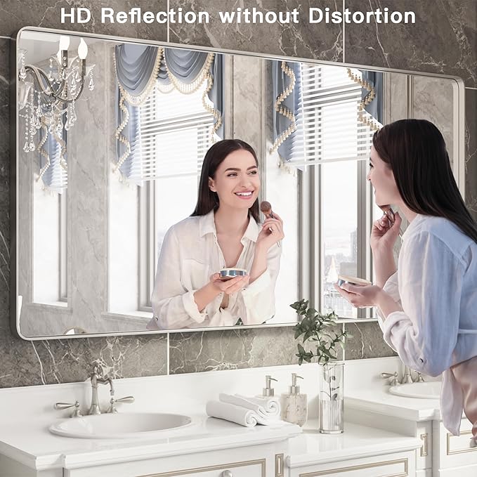 ISKM Large Bathroom Vanity Mirror, 72 x 32 Inch Mirror for Wall Brushed Silver Metal Frame Rectangular Wall Mounted Minimalist Farmhouse Home Decor Hangs Horizontal or Vertical