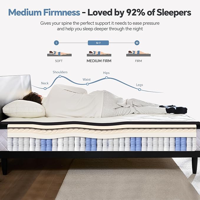 Queen Mattress in a Box, 10 Inch Hybrid Mattress with Individual Pocket Spring & Memory Foam, Motion Isolation, Medium Firm Comfort for Pressure Relief, CertiPUR-US Certified